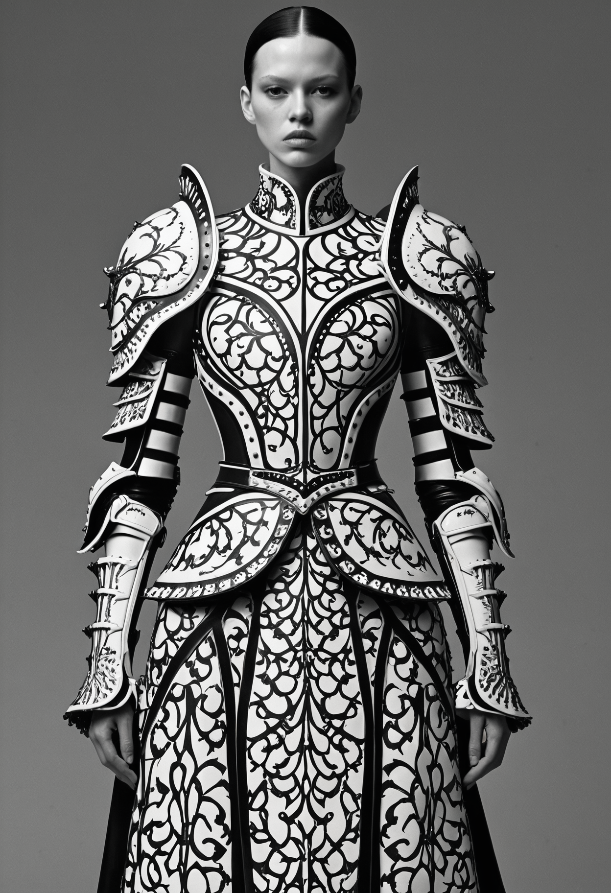 Monochrome <lora:Alexander McQueen-concept art-000005:1>, alexander mcqueen, concept art, armor dress . Black and white, contrast, tone, texture, detailed