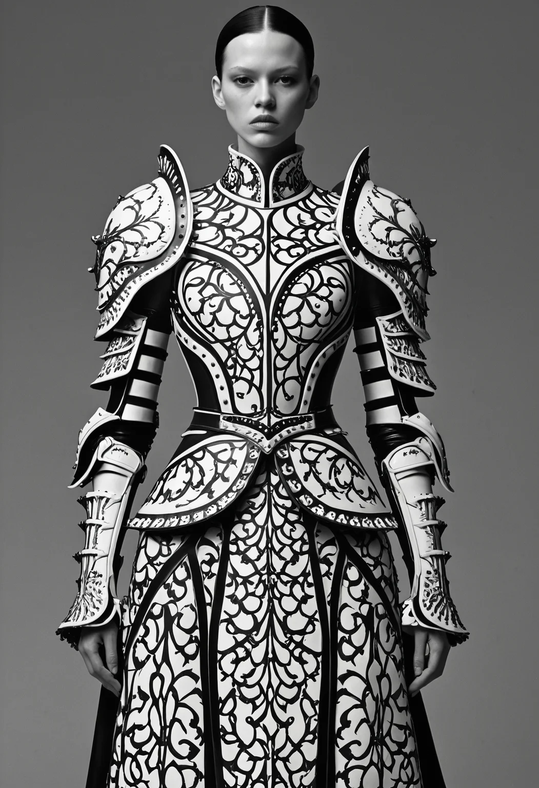 Monochrome <lora:Alexander McQueen-concept art-000005:1>, alexander mcqueen, concept art, armor dress . Black and white, contrast, tone, texture, detailed