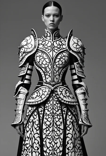 Monochrome <lora:Alexander McQueen-concept art-000005:1>, alexander mcqueen, concept art, armor dress . Black and white, contrast, tone, texture, detailed