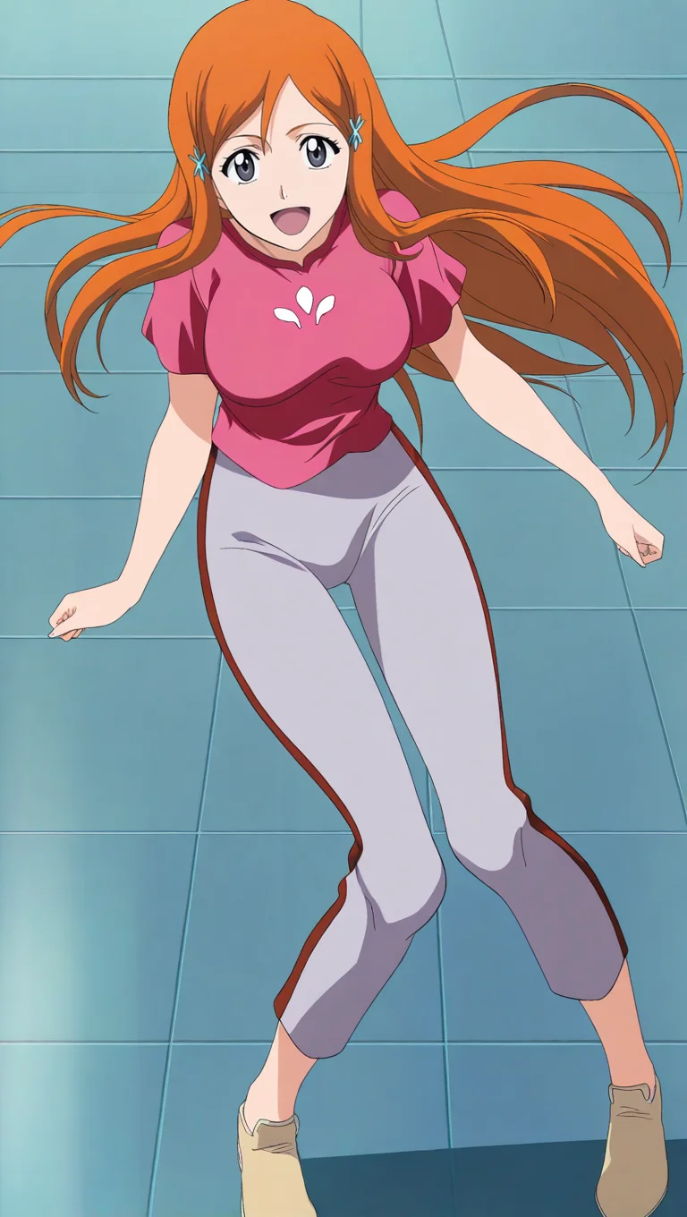 source_anime, masterpiece, best quality, amazing quality, anime screencap, high quality, 8k, absurdres, official style, 1girl, solo, looking at viewer, open mouth smile, standing, <lora:Orihime_Inoue_Pre_iL:1>, 0r1h1m3 pre, grey eyes, orange hair, long hair, pre soul society, pink shirt, short sleeves, grey pants, pants, beige shoes, hair ornament,