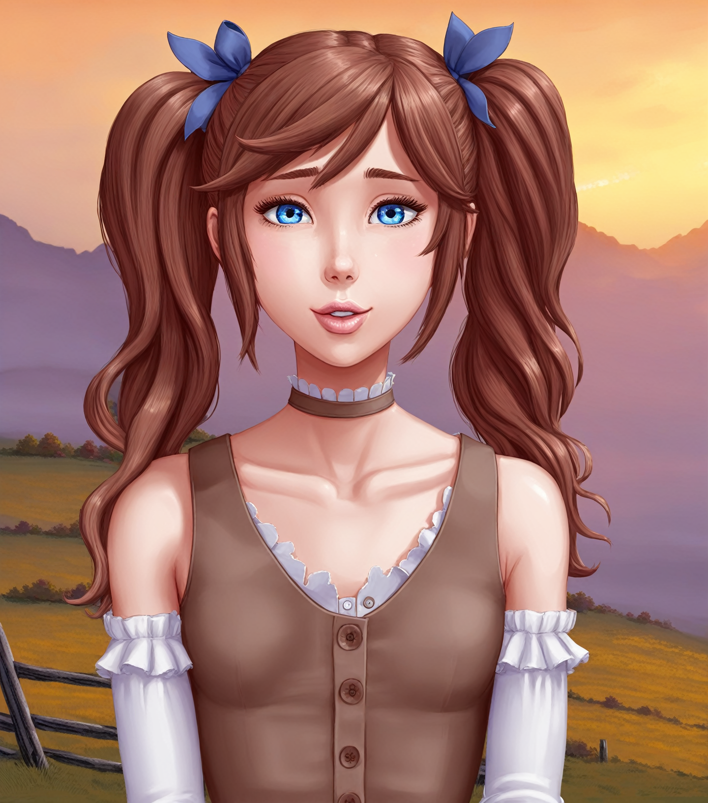 1boy, femboy, (hiro:1.1), brown hair, twintails, flat chest, portrait, closeup, upper body, lips, parted lips, long hair, hair bow, looking at viewer, buttons, bare shoulders, blue eyes, choker, eyelashes, solo, mountains background, art, majalis <lora:majalis_style_sdxl:0.8>