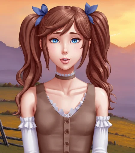 1boy, femboy, (hiro:1.1), brown hair, twintails, flat chest, portrait, closeup, upper body, lips, parted lips, long hair, hair bow, looking at viewer, buttons, bare shoulders, blue eyes, choker, eyelashes, solo, mountains background, art, majalis <lora:majalis_style_sdxl:0.8>