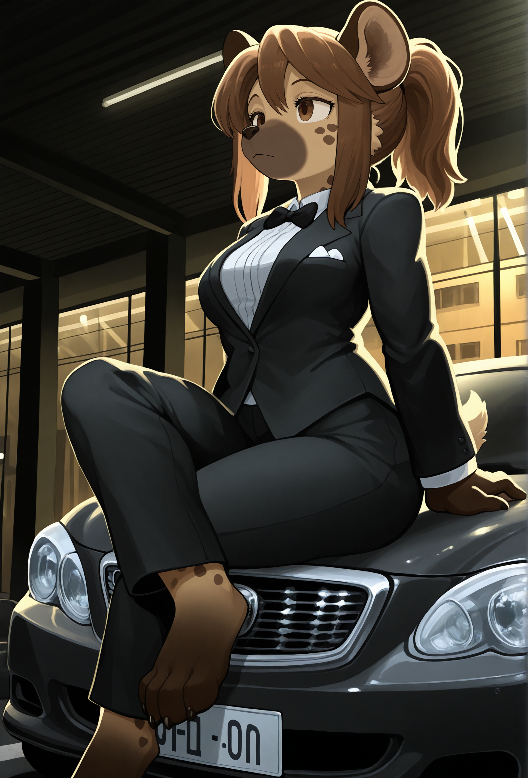 masterpiece,best quality,amazing quality, <lora:menthak0_style_illustrious_v1f:1> mk0style, 1girl, furry, spotted hyena, brown eyes, sidelocks, ponytail, brown hair, BREAK
medium breasts, solo, parking garage, motor vehicle, sitting on car, barefoot, animal feet, tuxedo, dark, low lighting, dim lighting