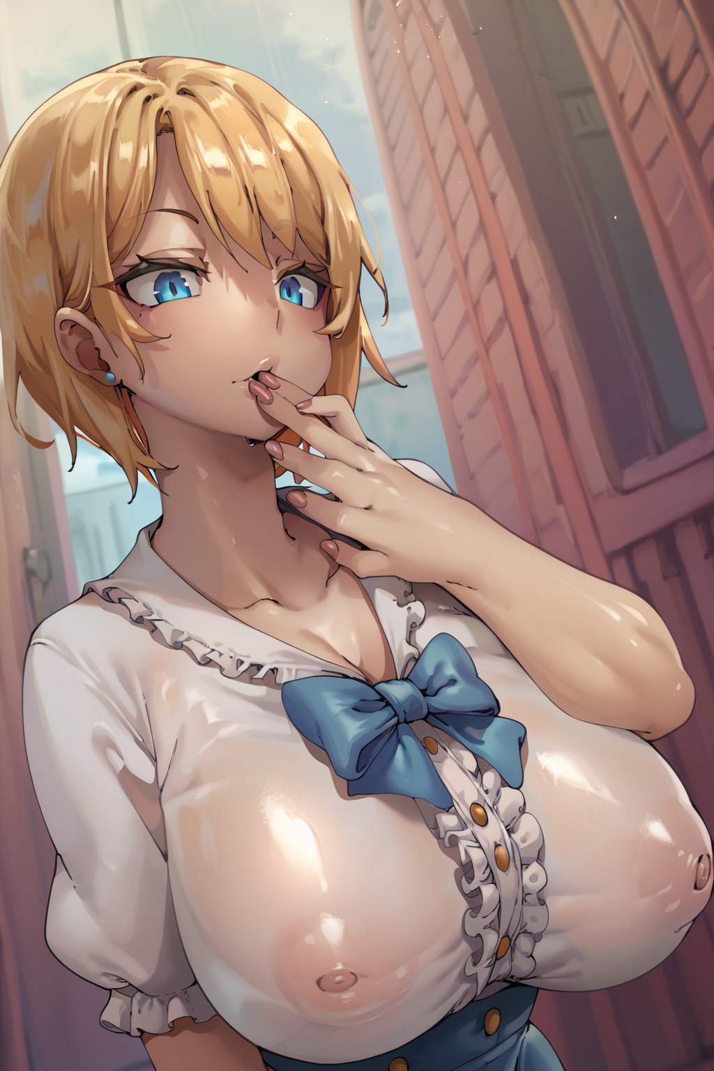 score_9, score_8_up, score_7_up, uncensored, source_anime, 1girl, huge breasts, <lora:spheijunStyleXLPony-000004:1>, tamada heijun, 1girl, blonde hair, blue eyes, breasts, center frills, large breasts, short hair, sidelocks
