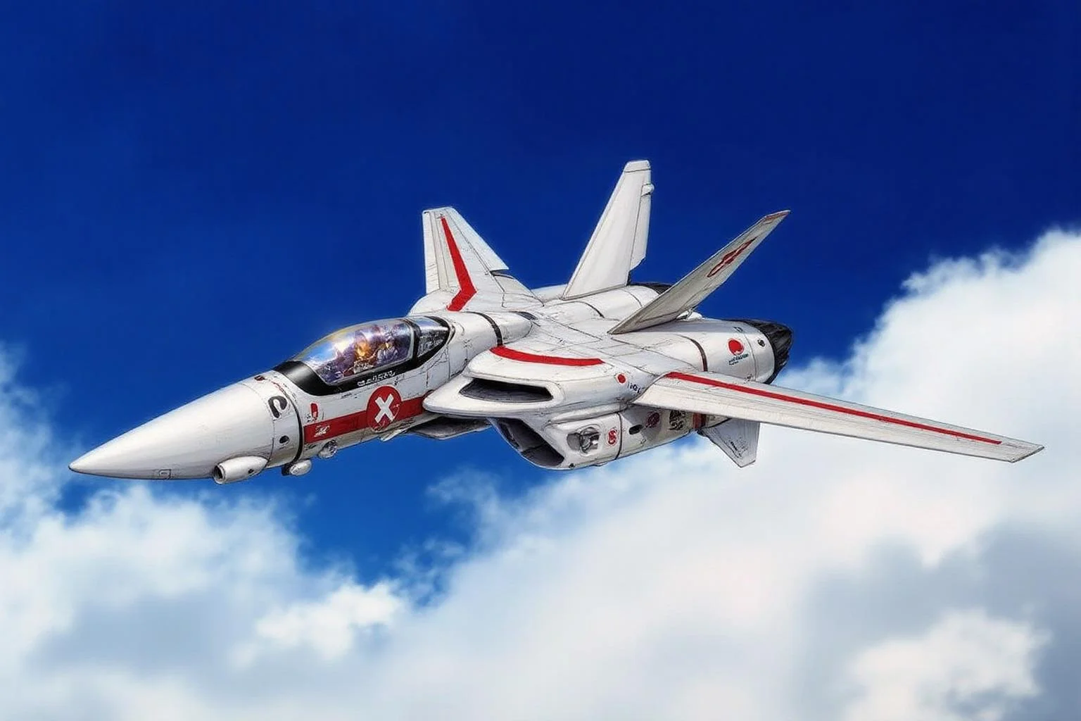 m9cha illustration.
a futuristic jet aircraft, specifically a fighter-bomber, in mid-flight. The aircraft is depicted against a backdrop of a partly cloudy sky with a deep blue background. The jet, predominantly white with a sleek, aerodynamic design, features a prominent red and black color scheme on its fuselage and wings. It has a pointed nose, swept-back wings, and twin vertical stabilizers with a cross design on the horizontal stabilizers. <lora:macmecha1_cap_d6a3e11:1.0><lora:820689936115203860:0>