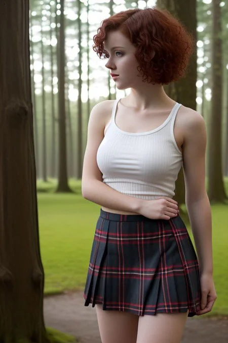 young woman with short curly red hair. dressed in a short tartan skirt and a white cotton tank top. standing in a dark wood library