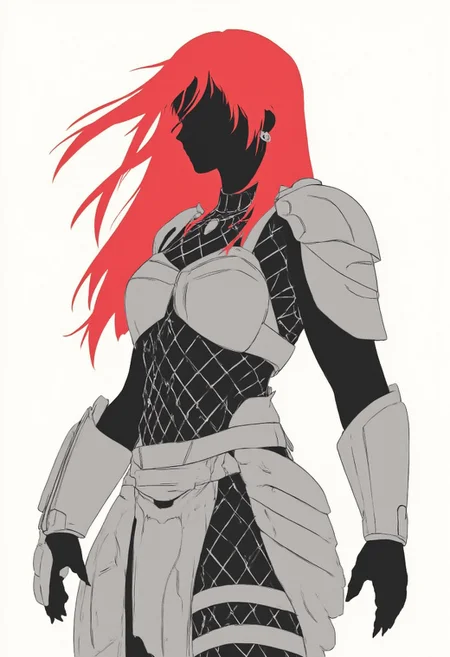 ArsMJStyle, Minimalist Vector Art of a 23 woman with hair blowing in the wind, wearing heavy yautja armor, full body net body suit, bright red hair