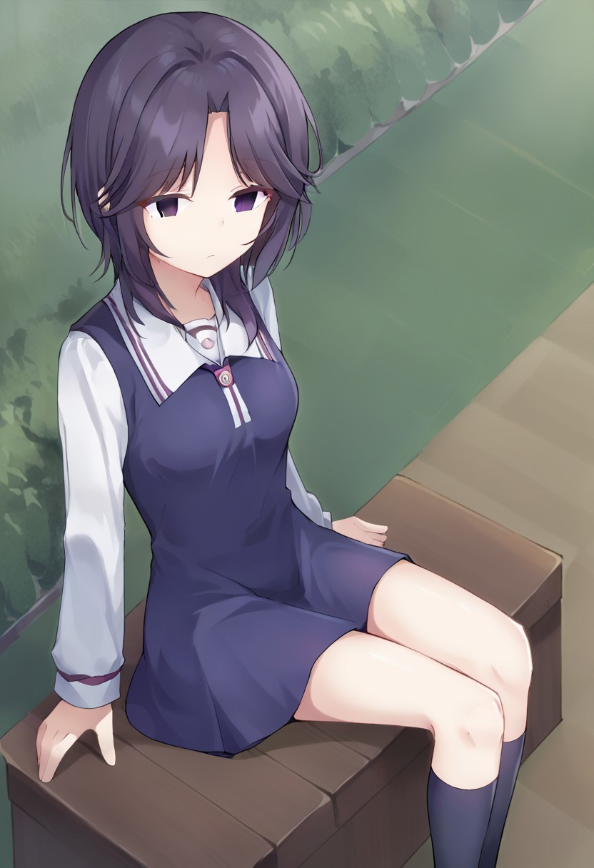 score_9, score_8, score_7, source_anime, hida shouko, skirt, sitting, kneehighs, small breasts, cowboy shot, empty eyes, collared shirt, from above, dress