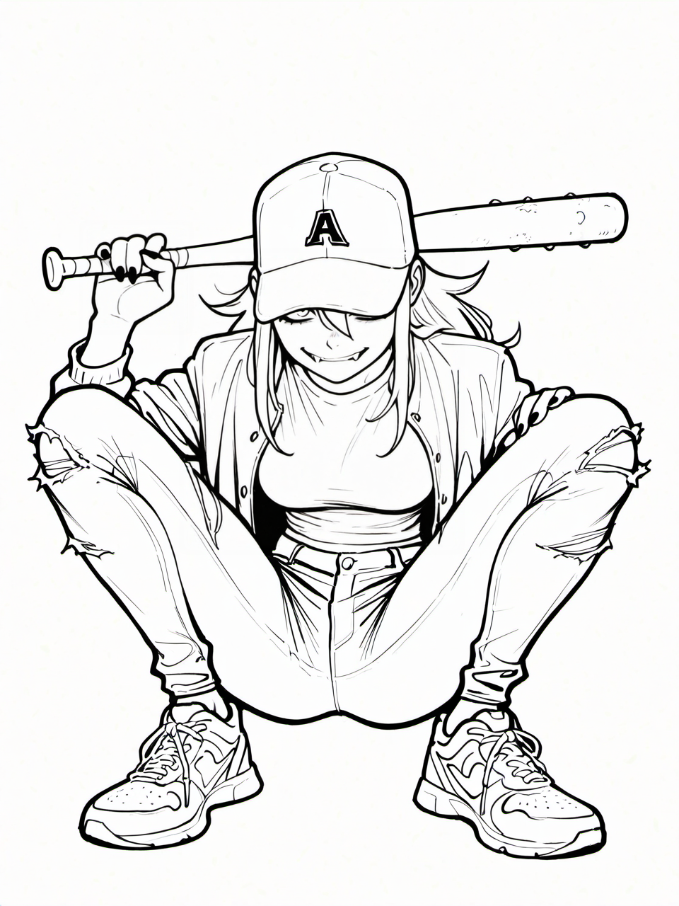 masterpiece, best quality, amazing quality, very aesthetic, high resolution, line art, four fingers and a thumb,
timbrook, 1girl, vampire fangs monochrome, greyscale, solo, long hair, torn clothes, baseball bat, baseball cap, jacket, shoes, pants, holding, sneakers, breasts, torn pants, looking at viewer, simple background, shirt, hand up, squatting,
<lora:joshua_timbrook_style_v1_illustrious_epoch_7:0.9>,
<lora:NOOB_EPSv1_1_detailer_by_vlnvk_v1_0:1>,