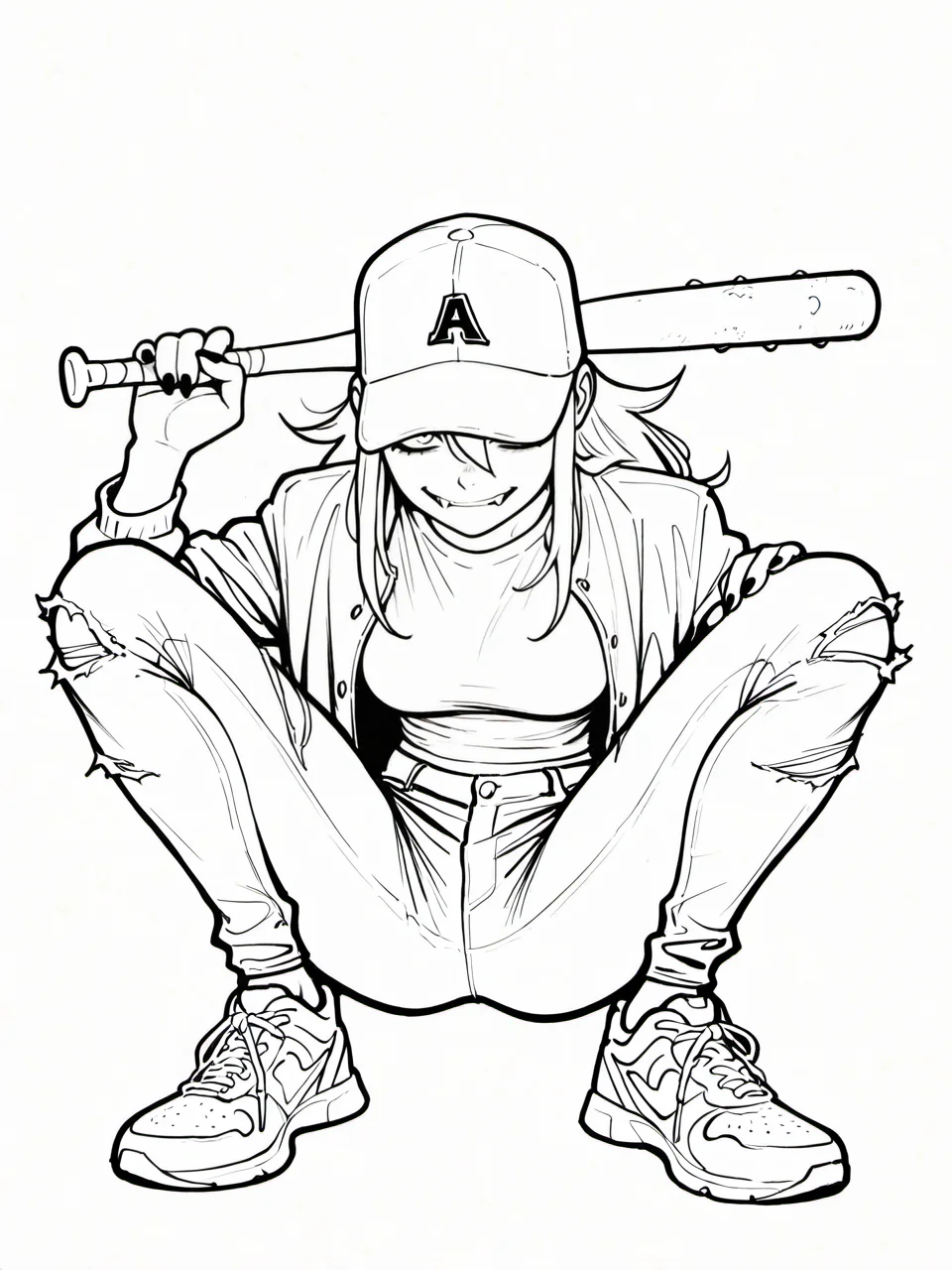 masterpiece, best quality, amazing quality, very aesthetic, high resolution, line art, four fingers and a thumb,
timbrook, 1girl, vampire fangs monochrome, greyscale, solo, long hair, torn clothes, baseball bat, baseball cap, jacket, shoes, pants, holding, sneakers, breasts, torn pants, looking at viewer, simple background, shirt, hand up, squatting,
<lora:joshua_timbrook_style_v1_illustrious_epoch_7:0.9>,
<lora:NOOB_EPSv1_1_detailer_by_vlnvk_v1_0:1>,