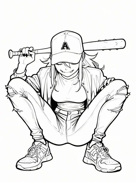 masterpiece, best quality, amazing quality, very aesthetic, high resolution, line art, four fingers and a thumb,
timbrook, 1girl, vampire fangs monochrome, greyscale, solo, long hair, torn clothes, baseball bat, baseball cap, jacket, shoes, pants, holding, sneakers, breasts, torn pants, looking at viewer, simple background, shirt, hand up, squatting,
<lora:joshua_timbrook_style_v1_illustrious_epoch_7:0.9>,
<lora:NOOB_EPSv1_1_detailer_by_vlnvk_v1_0:1>,