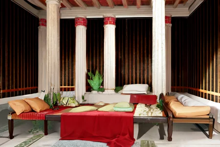 highly insanely detailed, masterpiece, top quality, best quality, highres, 4k, 8k, RAW photo, (very aesthetic, beautiful and aesthetic),  
Ancient Roman Interior Design,RomInt,peristyle_garden,lush_garden,Peristyle,ancient_roman_bedroom,bed,blanket, 
<lora:RomanInterior-10:1>, 
(1girl:1.3), 
1other, 
, 
very short hair,hair pulled back,Folded tied hair,drill hair,medium hair, flipped hair,  parted bangs,   sidelocks, 
, 
mahogany background,dark auburn background,dark crimson background,(color stripes background), 
,âââ