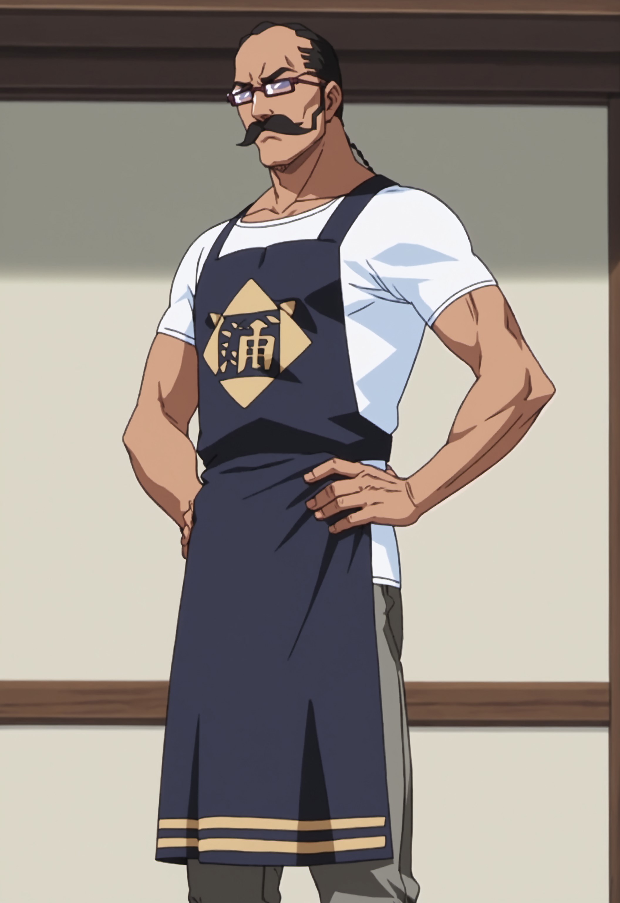 safe_pos, safe_pos, score_9, score_8_up, rating_nsfw, ultra hd, absurdres, best quality, best aesthetic, masculine, solo, 1boy, male focus, perfect proportions, handsome, erotic, alluring, mature male, coloured,

BleachTessai, facial hair, mustache, apron, grey pants, glasses, black hair, anime screencap, hands on hip, Expressiveh