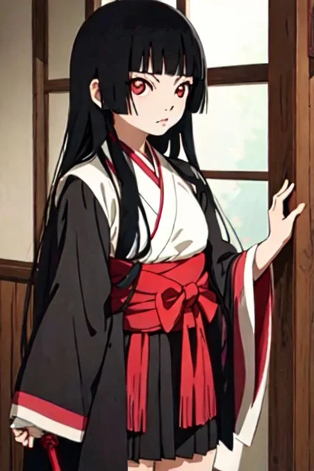 enma_ai furisode, obi, black hair, long hair, indoors, cowboy shot,