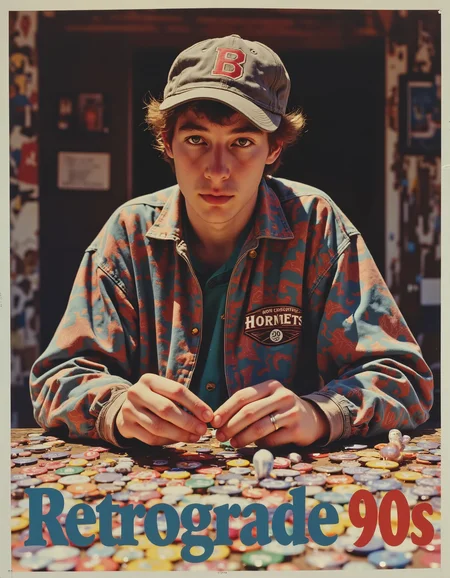 retr0grade90s A poster of a guy sitting at a table, in a baseball hat playing with large pogs. He is wearing a 90s Charlotte Hornets Starter jacket. The overlayed text reads, "Retrograde 90s".