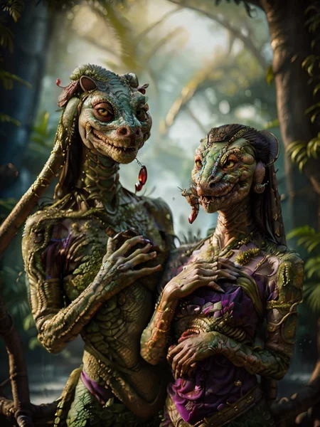 a romantic couple,<lora:wereanimal:0.8>,lizard werecreature,komodo,laugh512,snake tongue,<lora:ARWJavaWeddingWoman:0.6>,portrait of java wedding woman in a purple long kebaya traditional,beautiful javanese tree bathtub,<lora:cyber:0.3>,futuristic,<lora:NatureStyle_530620:0.2>,naturestyle,<lora:FantasyForest:0.4>,FanFo,photo \(object\),bokeh,