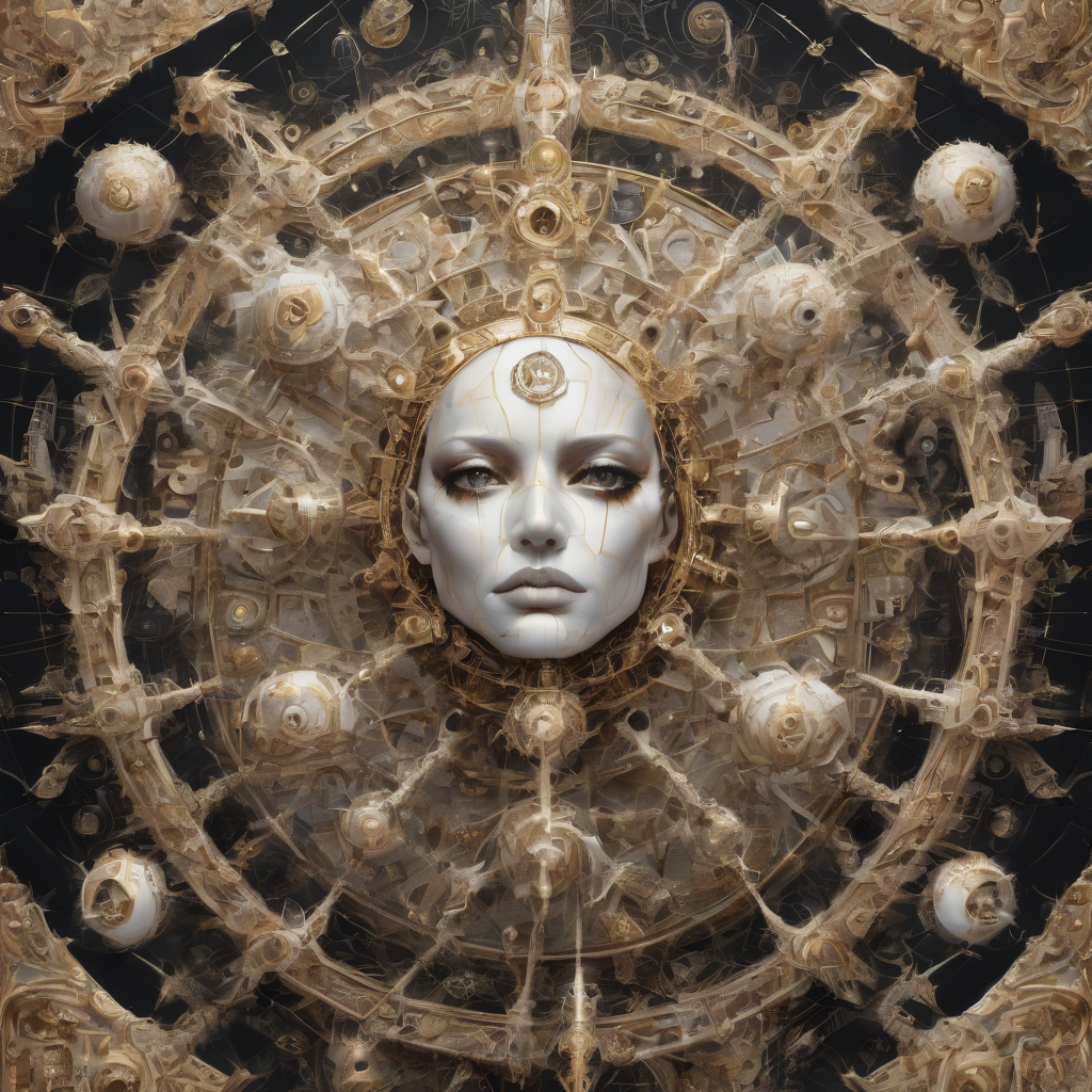 be not afraid, unearthly being, geometric shapes, multitude of eyes, wheel, segmented, white, gold, elaborate, ornate, unsettling, hovering, flying, towering above, biblepunk, extremely detailed, insane level of detail, absurdres