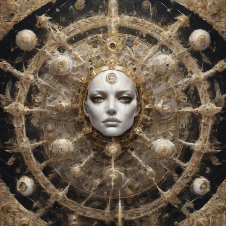 be not afraid, unearthly being, geometric shapes, multitude of eyes, wheel, segmented, white, gold, elaborate, ornate, unsettling, hovering, flying, towering above, biblepunk, extremely detailed, insane level of detail, absurdres