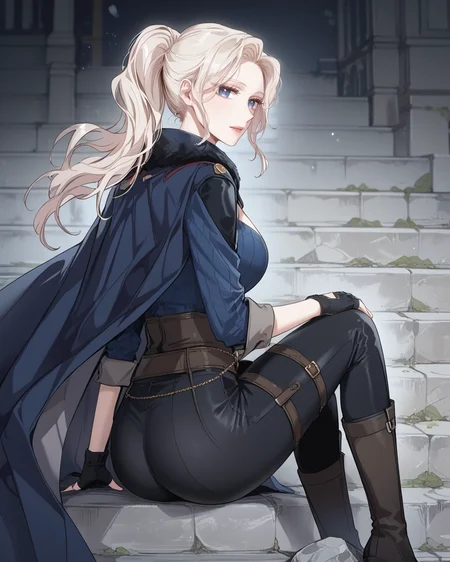 zPDXL3, score_9_up, score_8_up, score_7_up, (Anime_source),Masterpiece, perfect female body, small waist, incredibly detailed, slim, beautiful fingers, beautiful white skin, Beautiful clear skin, (large breasts) <lora:Charlize_Ronan_-_The_Taming_of_the_Tyrant_PONY-Kaleid:1> charlize ronan, blue eyes, 1girl, white hair, long hair, ponytail, pants, black pants, coat, belt, jacket, cape, fingerless gloves, knee boots, looking at viewer, from side, from above, big breasts, ass, perfect ass, looking back, from behind, sitting in stone stairs,
