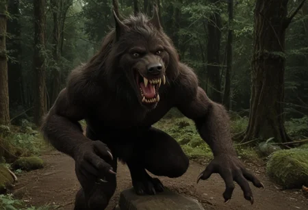 score 9, score 8, score 7, score 6, 1boy, furry male, solo, black fur, animal ears, yellow eyes, sharp teeth, claws, werewolf on down on all paws with tail in the air, (wagging tail, trying to look friendly), forest