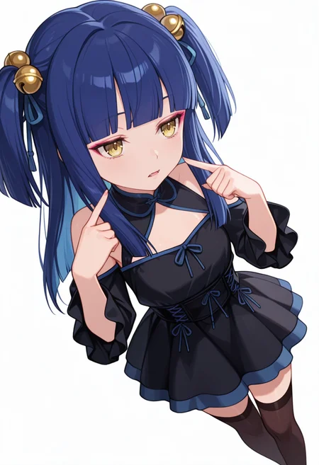Smooth Quality,masterpiece,very intricate, high quality details, ultra realistic, high detailed skin,detailed enviorement,absurdres,
pointing at self,
 <lora:Ranran_CNR:0.8> ranran_cnr,1girl, blue hair, long hair, two side up, blunt bangs, yellow eyes, fangs, hair ornament, hair bell,hair ribbon, hair bobbles,makeup,, bored,, simple background, white background, dynamic angle,solo,, halter top, ,gothic blouse,  ,stockings, ,