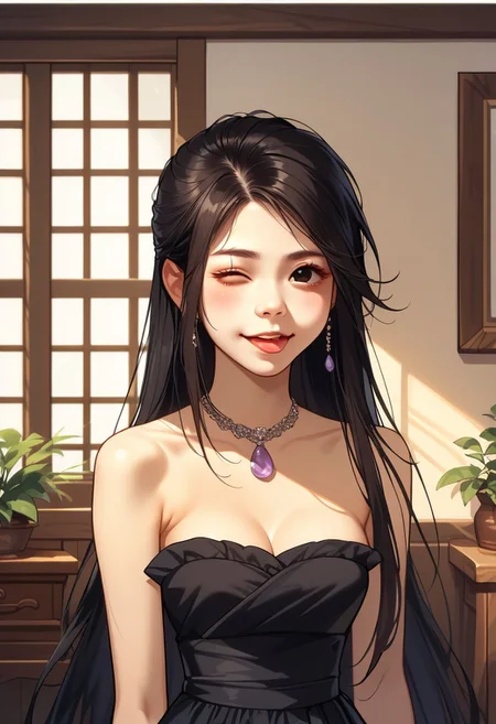 score_9, score_8_up, score_7_up, 8k uhd, masterpiece, best quality, high quality, absurdres, ultra-detailed, (highly detailed), OverallDetail, Expressiveh, 
,
((( Uncensored, face close-up view )))
,
(((1girl, solo)))
,
(MirandaT, slender, black hair, long hair, straight hair, purple necklace, black eyes, strapless dress, black dress)
,
((( WoodenHW, background, indoor)))
,
((( Winking with one eye close, tongue out)))