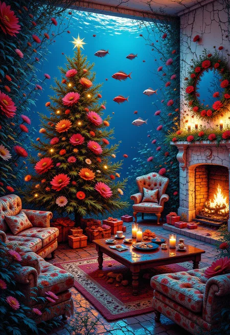A Christmas living room lit by the radiant glow of bioluminescent corals arranged like a Christmas tree, with tropical fish swimming through the air as if it were underwater, the walls covered in glowing reef-like textures, and presents wrapped in seashell-themed patterns.