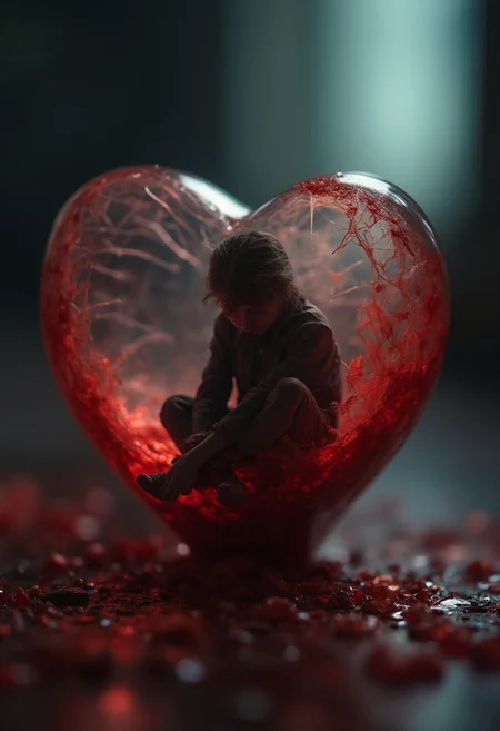 sad human sitting inside the cracked bloody Glass heart, macro photography, dramatic lighting, dark, sad and lonely, bokeh