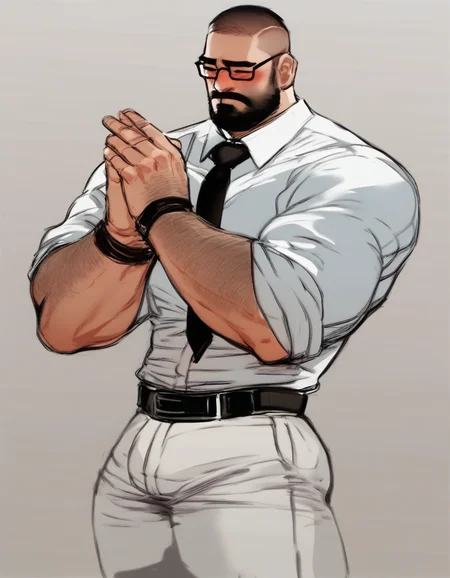 score_9, score_8_up, score_7_up, score_6_up, score_5_up, score_4_up, 1boy, arm hair, bara, beard, belt, black hair, blush, bulge, closed eyes, closed mouth, facial hair, feet out of frame, formal, glasses, index fingers together, male focus, mature male, muscular, muscular male, mustache, necktie, pants, salaryman, shirt, sketch, short hair, simple background, sleeves rolled up, solo, undercut, white pants, white shirt <lora:dopey-Pony-XL-v6:1>