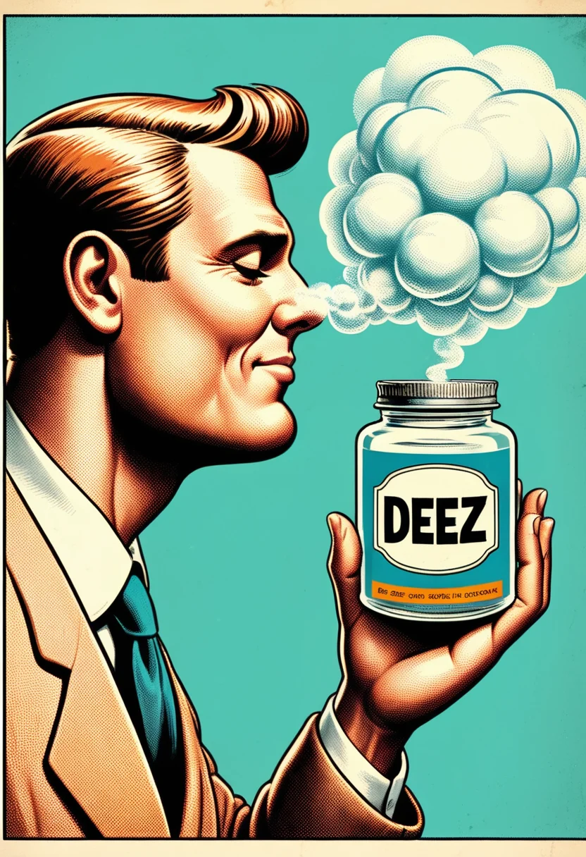 <lora:ODOR_AI:0.7> Smellingodor, 1man holding a jar labeled DEEZ, an acorn shaped odor cloud, sniffing, smelling, extremely detailed, DEEZ text, high quality, whimsical, scientific paper, science fiction, scientific paper, DEEZ, nuts, shape of testicles, balls, acorn