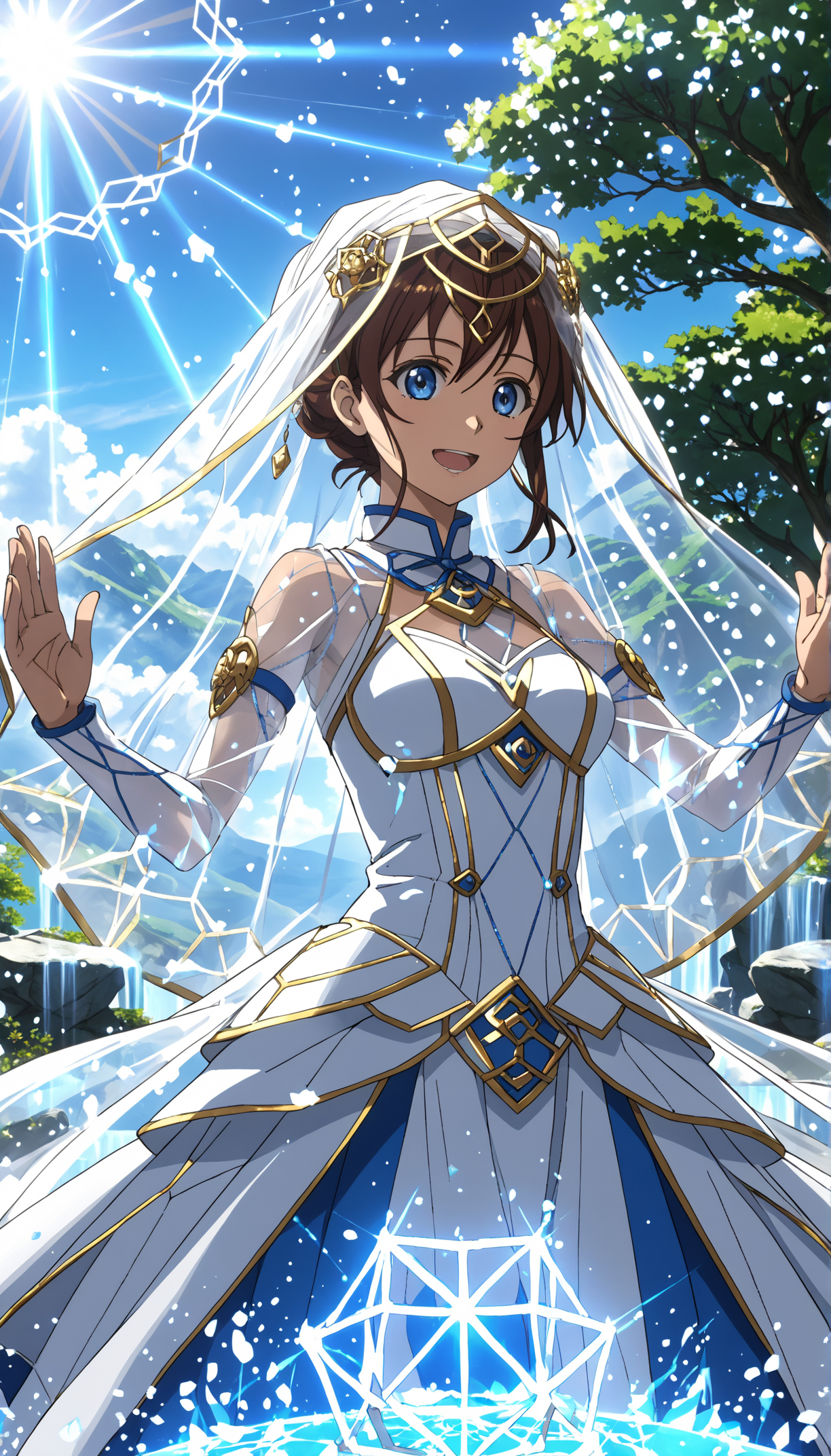 (anime screencap:1.5), 
Mystical anime character in an outfit with metallic hexagonal textures, see through white veil in front of a stone backdrop, blue sky, nature,  glowing highlights. highlights on the metallic textures, emphasizing the outfit's geometry.Glowing particles floating around the character, adding a mystical feel.Both hands raised, as if stretching towards the sky.Eyes wide open, with a delighted expression.



