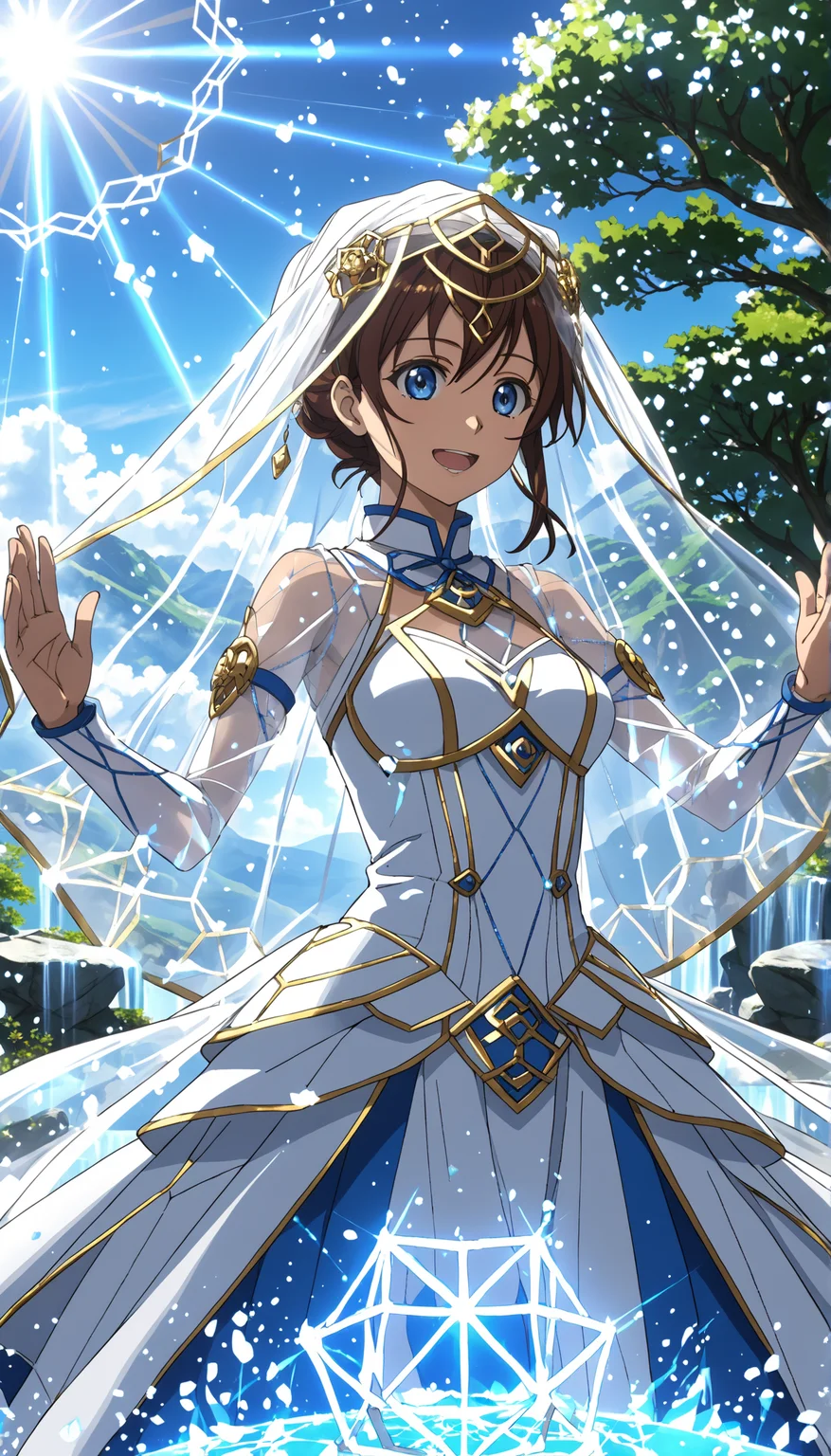 (anime screencap:1.5), 
Mystical anime character in an outfit with metallic hexagonal textures, see through white veil in front of a stone backdrop, blue sky, nature,  glowing highlights. highlights on the metallic textures, emphasizing the outfit's geometry.Glowing particles floating around the character, adding a mystical feel.Both hands raised, as if stretching towards the sky.Eyes wide open, with a delighted expression.



