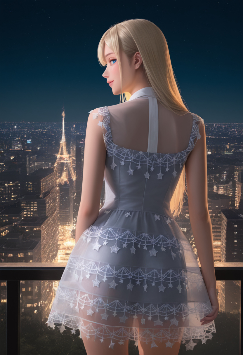 masterpiece,best quality,ultra high res,photorealistic,8K UHD,hyper-detailed,
1girl,solo,
long_hair, blonde_hair, straight_hair,parted_bangs,blue_eyes,freckle 
sleeveless star print dress,
star \(symbol\),see-through,ribbon,short_dress, 
cowboy_shot,from_behind, face away,
(cityscape:0.7),blustar_sky, 
standing,night,smile,looking_at_viewer,  

 






