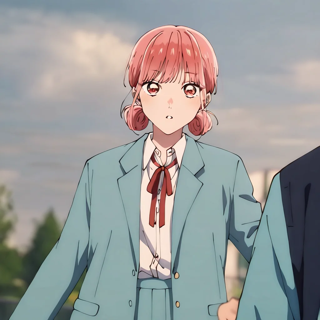 1girl, general, sky, 1boy, long sleeves, 1girl, blurry background, chool uniform,white shirt,blue skirt,red ribbon, pleated skirt,blazer,blue jacket, looking at viewer, blurry, blue leotard masterpiece, best quality, 8k, absurdres, very aesthetic, Hina Chono <lora:Hina_Chono:0.8>