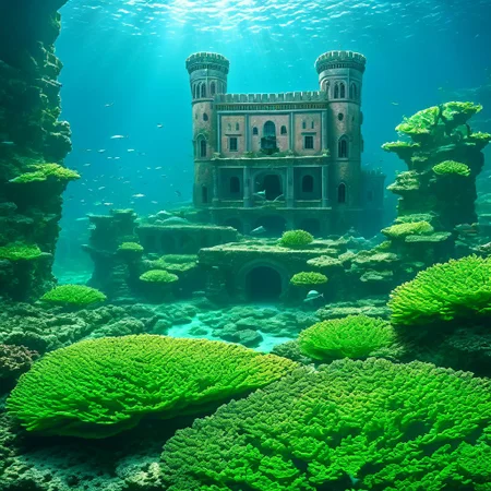 **amazing digital artwork** depicting an underwater fantasy landscape where sharks is chasing fish swarm crowded underwater castle life Coral's under plants with long leaves entrance to secret garden, tiny fishes shadow of warrior. The scene unfolds in a dreamlike realm, where the **ruins of ancient civilization** emerge from the depths. This ancient underwater civilization is captured in stunning detail, with **coral-covered columns** and **stone arches** that hint at its former glory. The artwork should convey a sense of mystery and timelessness, inviting the viewer to explore the **sunken secrets** of this once-majestic city."
This picture is designed to inspire the creation of a captivating and immersive underwater scene, rich with the lore of Atlantis. dark, chiaroscuro, low-key, catastrophe, ruined, collapsed, flooded