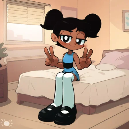score_9, score_8_up, score_7_up, score_6_up, score_5_up, score_4_up, BREAK, source_anime, connie_maheswaran, indoors, short twintails, black hair, small breasts, black footwear, white thighhighs, smile, smug, blush, blue top, sleeveless, blue miniskirt, peace sign, pantsless, powerpuff, dark-skinned female, 1girl, sitting, indoors, living room, on bed,