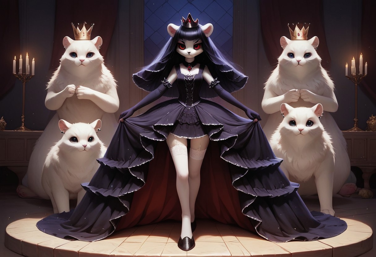 score_9, score_8_up,  (night time, in living room standing )
,(semi-realistic),(furry:2.0),
rabbit girl, (black rabbit ears:1.3, (cute face, cute), white skin, bored face,  small medium chest, short hair, (black hair:1.2), messy hair , blunt bangs, (red eyes:1.1), hair covers ear, (youthful:1.), (crown,Princess dress,Dress long gloves,White silk stockings, goth),medium boobs,
(female focus, full body:0.8) ,indecency,Many men,
(detailed faces1.5) ,  masterpiece, high res, (detailed eyes, Expressiveh, perfect eyes) <lora:Expressive_H:1>