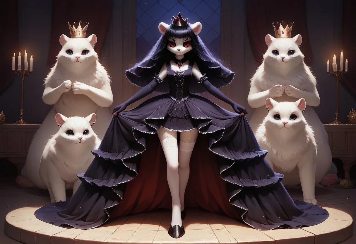score_9, score_8_up, (night time, in living room standing )
,(semi-realistic),(furry:2.0),
rabbit girl, (black rabbit ears:1.3, (cute face, cute), white skin, bored face, small medium chest, short hair, (black hair:1.2), messy hair , blunt bangs, (red eyes:1.1), hair covers ear, (youthful:1.), (crown,Princess dress,Dress long gloves,White silk stockings, goth),medium boobs,
(female focus, full body:0.8) ,indecency,Many men,
(detailed faces1.5) , masterpiece, high res, (detailed eyes, Expressiveh, perfect eyes) <lora:Expressive_H:1>
