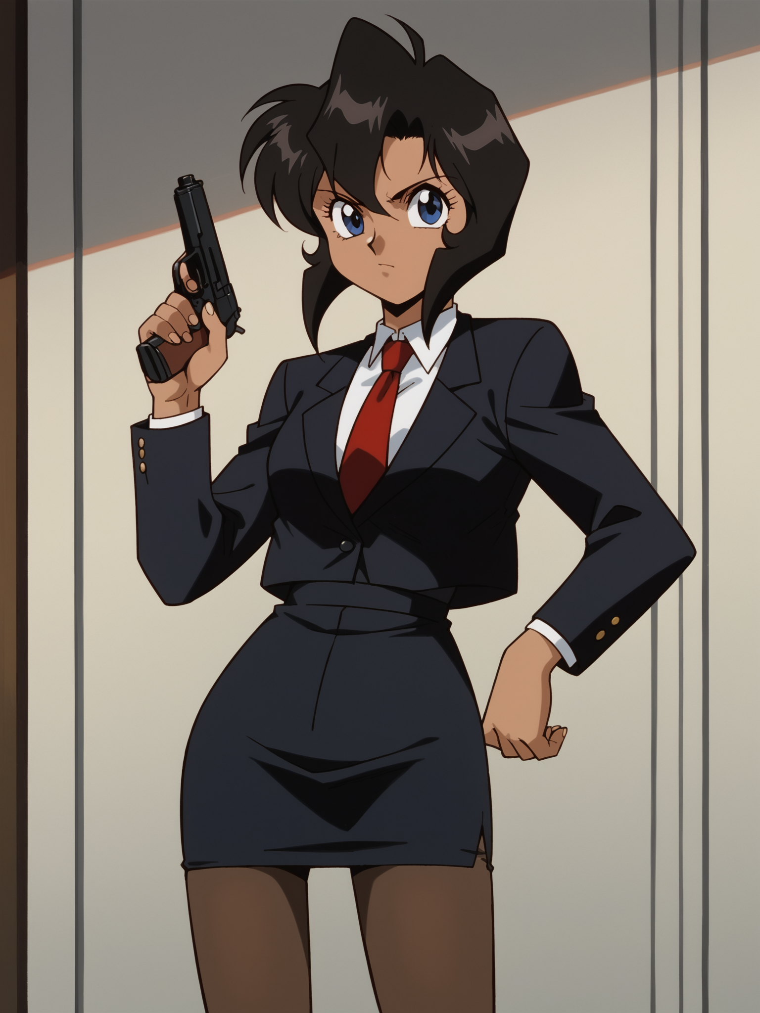 score_9, score_8_up, score_7_up, score_6_up, score_5_up, score_4_up, source_anime, <lora:Perfect Hands:1> Perfect Hands, <lora:PerfectEyesXL:1> perfecteyes, BREAK
1girl, solo, <lora:Gunsmith:0.8> gunsmith, rally vincent, black hair, blue eyes, dark skinned female, short hair, business suit, pencil skirt, pantyhose, portrait, holding gun, gun, handgun, red tie, black jacket, black skirt,