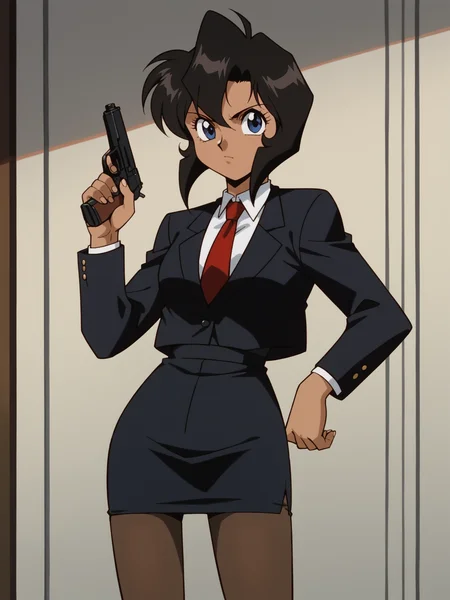 score_9, score_8_up, score_7_up, score_6_up, score_5_up, score_4_up, source_anime, <lora:Perfect Hands:1> Perfect Hands, <lora:PerfectEyesXL:1> perfecteyes, BREAK
1girl, solo, <lora:Gunsmith:0.8> gunsmith, rally vincent, black hair, blue eyes, dark skinned female, short hair, business suit, pencil skirt, pantyhose, portrait, holding gun, gun, handgun, red tie, black jacket, black skirt,