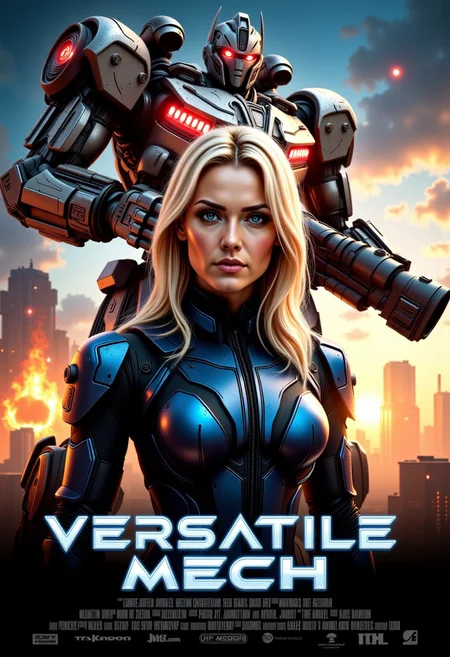 A sci-fi mecha action movie poster featuring a woman and a heavy mech in a futuristic cityscape with the setting sun. The image is a ground level shot. A close-up portrait shot of a confident young woman with platinum blonde hair and striking blue eyes wearing a futuristic and metallic blue bodysuit covers the left side of the image. On the right side of the image behind her a towering large heavy mech looms over her. The mech's surface is weathered metallic, painted in dark and grey illuminated by glowing red diodes, holding a huge futuristic energy cannon. The background is a futuristic city with a fiery explosion in the distance. The movie title 'Versatile Mech' written in metallic font with glowing trim. Production credits written below the movie title. aidmatextimprover, high contrast,