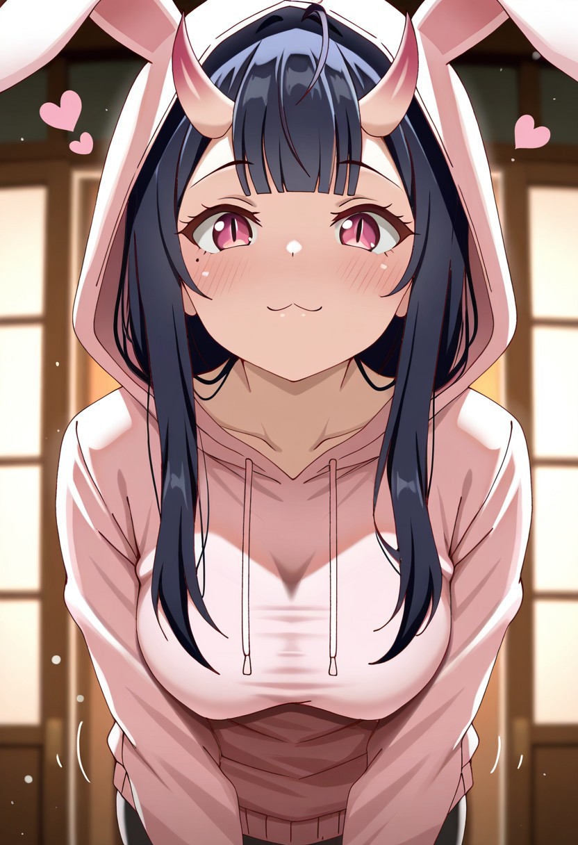 masterpiece, cute, lovely, newest, absurdres, (best quality:1.3), amazing quality, very aesthetic, 1girl, solo, high_resolution, hq, 4k, BREAK. high gradient eyes, very cute, light particles, cute details, cute colors, mature woman, (Poa_Mellhen_Style), oni, oni horns, dark blue hair, straight hair, very_long_hair, blunt bangs, pink eyes, slit pupils, (medium breasts:1.2), sagging_breasts, :3, ahoge, BREAK, in the style of cksc, depth of field,detailed background, volumetric lighting,godrays, detailed eyes,expressive eyes,highres, blurry, heart, long_sleeves, looking_at_viewer, mole ,mole_under_eye, sharp_maker, cinematic lighting, detailed clothes, vivid colors, fine texture, harajuku cat ear jacket, hoodie, hood up, rabbit ears,