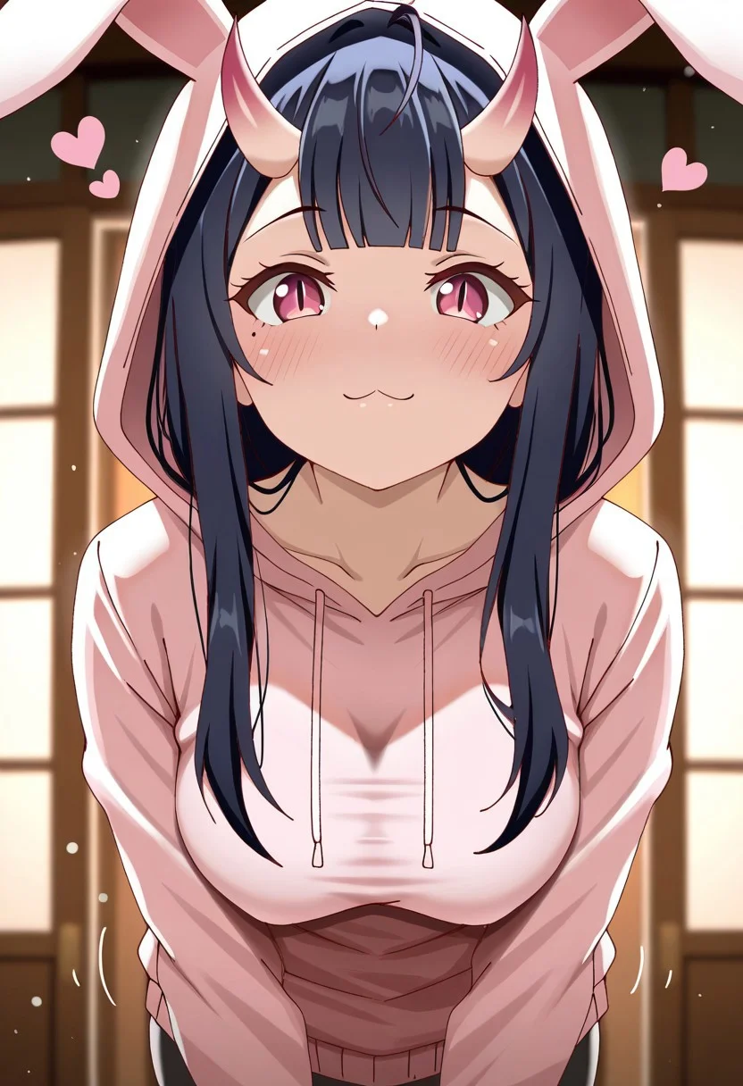 masterpiece, cute, lovely, newest, absurdres, (best quality:1.3), amazing quality, very aesthetic, 1girl, solo, high_resolution, hq, 4k, BREAK. high gradient eyes, very cute, light particles, cute details, cute colors, mature woman, (Poa_Mellhen_Style), oni, oni horns, dark blue hair, straight hair, very_long_hair, blunt bangs, pink eyes, slit pupils, (medium breasts:1.2), sagging_breasts, :3, ahoge, BREAK, in the style of cksc, depth of field,detailed background, volumetric lighting,godrays, detailed eyes,expressive eyes,highres, blurry, heart, long_sleeves, looking_at_viewer, mole ,mole_under_eye, sharp_maker, cinematic lighting, detailed clothes, vivid colors, fine texture, harajuku cat ear jacket, hoodie, hood up, rabbit ears,