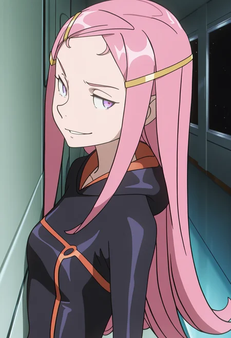 masterpiece, best quality, anime screenshot, anime, 1girl, solo, <lora:Anemone v2 [Illustrious] Eureka Seven:1>, ANES, purple eyes, pink hair, hairclip, sidelocks, black bodysuit, hood down, long hair, smirk, sideways glance, science fiction, indoors, hallway, space, against wall,