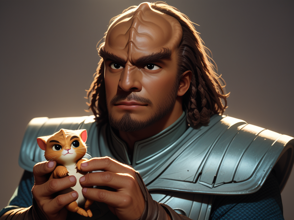 holding a cute kitten <lora:Klingon_v2_pony:1> score_9,score_8_up,score_7_up,score_6_up,score_5_up,score_4_up , 1man, kling0n alien, large forehead ridges, brown skin, large eyebrows, wearing warrior armor,