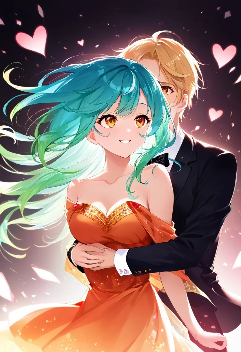 (masterpiece), (score_9, score_8_up, score_7_up,source_anime), 4K8K, best quality, high res image, illustration, (Uncorrected), CG,
(floating Heart-Shaped crystals:1.4), backlighting,
Romantic dance, Elegant movements, Mutual harmony, Dynamic, active,
(girl and boy dancing waltz, face to face, holding dance each other:1.2), (medium breasts), smile, chin up, looking up. leg lift, Extend leg, (hugging from behind:1.4),
(gradient hair, multicolored hair, white hair, aqua hair), (amber eyes, detailed eyes),
(girl wearing orange dress, stockings, seethrough long shawl),
(boy wearing tuxedo, blond hair:1.2),
(in ballroom, rainbow baclround, rainbow backlighting1.2),