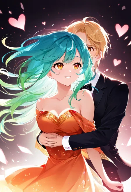 (masterpiece), (score_9, score_8_up, score_7_up,source_anime), 4K8K, best quality, high res image, illustration, (Uncorrected), CG, 
(floating Heart-Shaped crystals:1.4), backlighting, 
Romantic dance, Elegant movements, Mutual harmony,  Dynamic, active, 
(girl and boy dancing waltz, face to face, holding dance each other:1.2), (medium breasts), smile, chin up, looking up. leg lift, Extend leg, (hugging from behind:1.4), 
(gradient hair, multicolored hair, white hair, aqua hair), (amber eyes, detailed eyes),  
(girl wearing orange dress, stockings, seethrough long shawl), 
(boy wearing tuxedo, blond hair:1.2), 
(in ballroom, rainbow baclround, rainbow backlighting1.2),