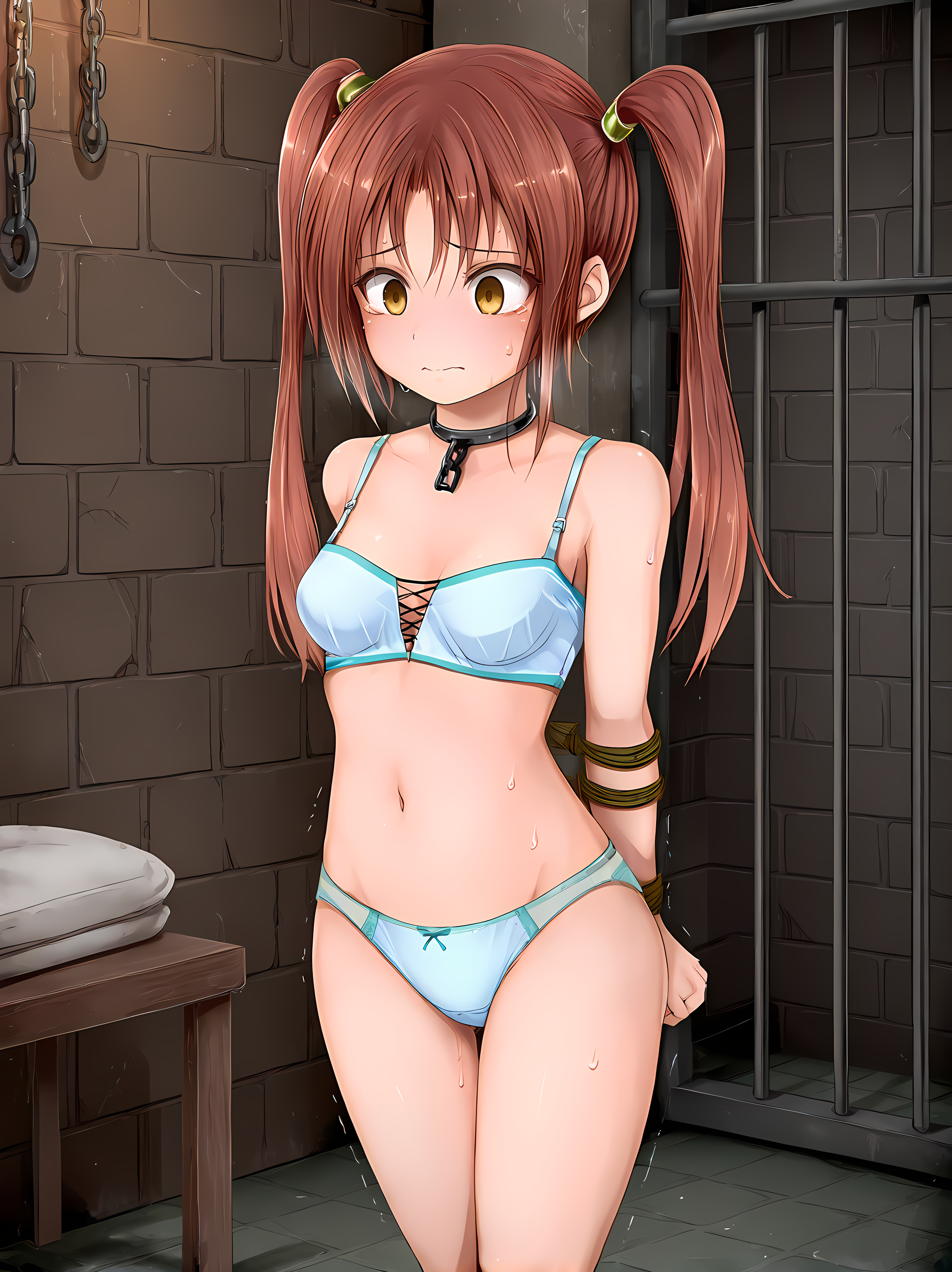 1girl,solo,jill,73tunnel,small breasts,standing,indoors,<lora:Jill_Grantz_-_Lilitales:0.9>,bdsm,bound,prison,trembling,nervous sweating,bondage,bra, panties, navel,, masterpiece,best quality,amazing quality,