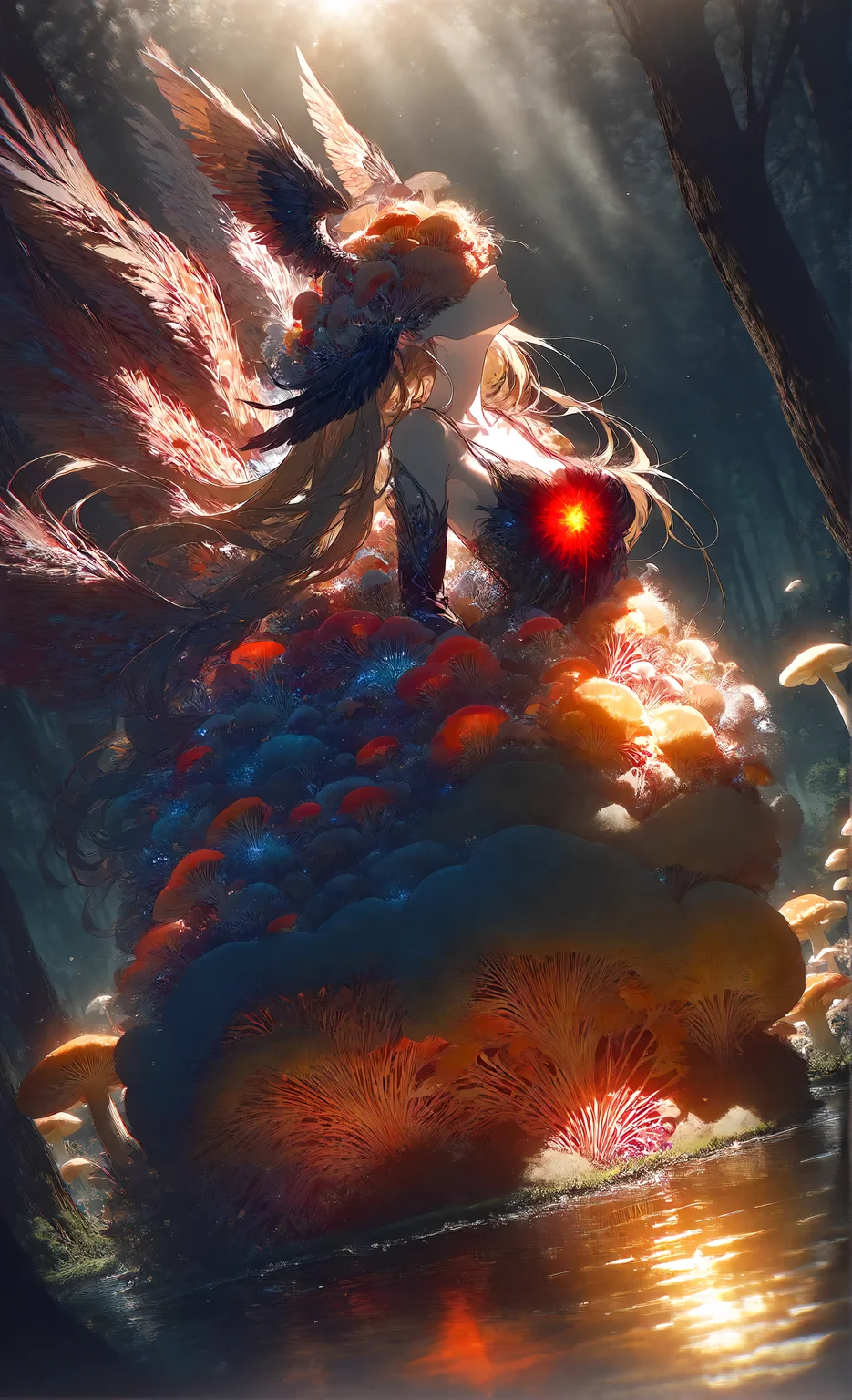 masterpiece, sharp detail, intricate detail, 1girl, solo, (hair shader:0.3), (rella, konya karasue), floating hair, from side, myceliumt dark blonde, blouse, collarbone, feather hair, (head wing, (head wings) covering eyes:1.4), long hair, (massive wings, multiple wings, gradient feather, glowing wings,) pale skin, night sky, medium breasts, long skirt, glowing red inner skirt, bridal gauntlets, dynamic angle, extreme arched back, facing up, toeless legwear, dynamic pose, dynamic angle, chromatic aberration, motion blur, lens flare, light rays, afloat, lake, forest, evening, sunset, from side, light and shadow contrast, chiaroscuro, volumetric lighting, dappled light, dramatic shadows, cinematic lighting, detailed background, <lora:MyceliumT-000014:1.5> myceliumt, mushrooms theme,