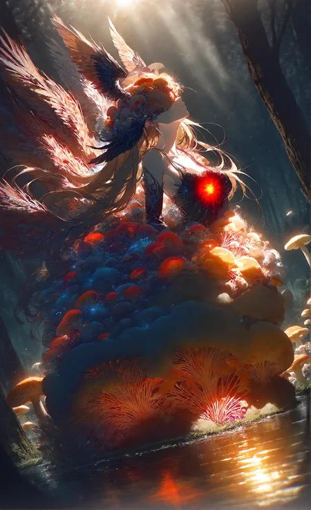 masterpiece, sharp detail, intricate detail, 1girl, solo, (hair shader:0.3), (rella, konya karasue), floating hair, from side, myceliumt dark blonde, blouse, collarbone, feather hair, (head wing, (head wings) covering eyes:1.4), long hair, (massive wings, multiple wings, gradient feather, glowing wings,) pale skin, night sky, medium breasts, long skirt, glowing red inner skirt, bridal gauntlets, dynamic angle, extreme arched back, facing up, toeless legwear, dynamic pose, dynamic angle, chromatic aberration, motion blur, lens flare, light rays, afloat, lake, forest, evening, sunset, from side, light and shadow contrast, chiaroscuro, volumetric lighting, dappled light, dramatic shadows, cinematic lighting, detailed background, <lora:MyceliumT-000014:1.5> myceliumt, mushrooms theme,